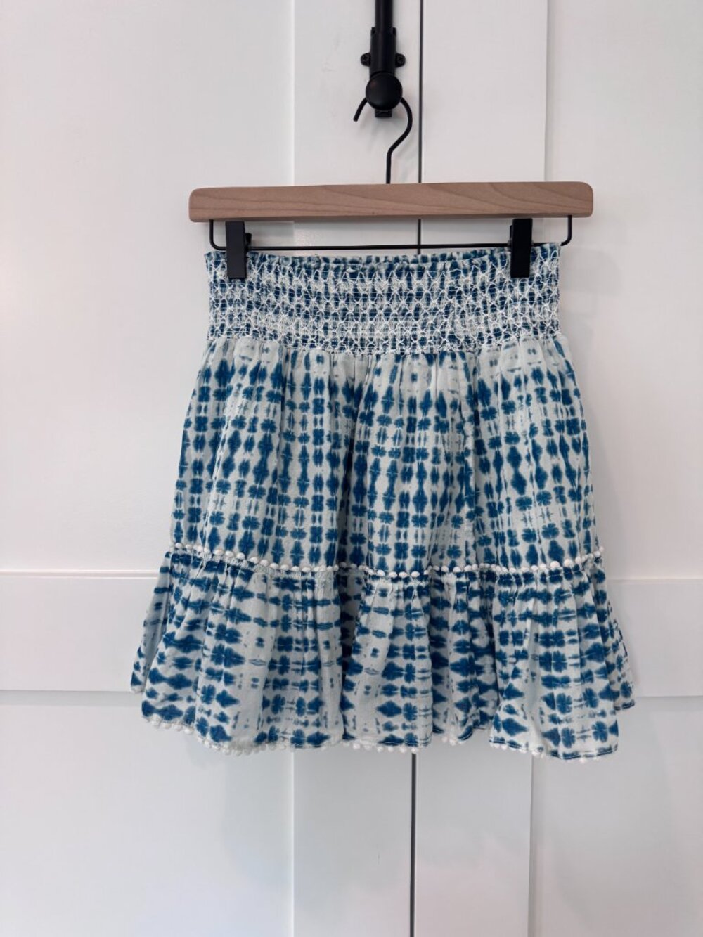 Intermix Rena Silk Chiffon Ruffle Mini Skirt Blue Check Smocked Waist Small